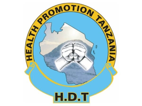 Logo for Health Promotion Tanzania (HDT). Shows the outline of Tanzania with two hands in fists praying in front of Mount Kilimanjaro